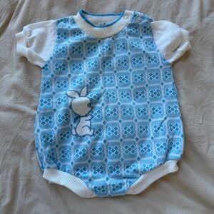 Vintage blue and white Heathtex baby boy romper with a bunny rabbit appliqué 6mo